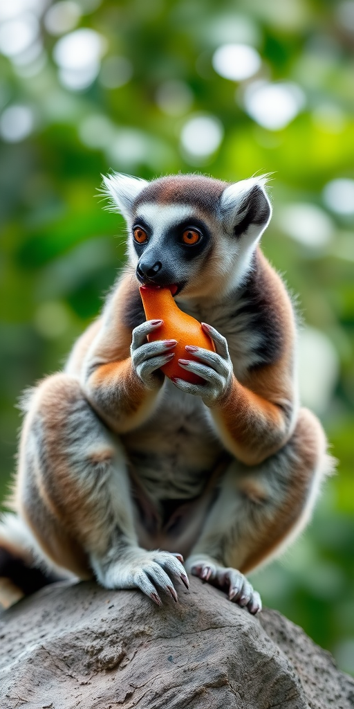Capture a close-up image of a lemur sitting on a rock, eating a fruit, with a blurred green foliage background, using a DSLR camera, aperture f/2.8, shutter speed 1/500s, ISO 200, natural light.