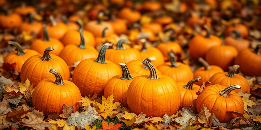 vibrant autumn scene with numerous orange pumpkins scattered among colorful fallen leaves, shot in natural light using a DSLR camera, 50mm lens, f/2.8 aperture, ISO 200, with a shallow depth of field to create a soft background blur, capturing warm tones and textures in high resolution.
