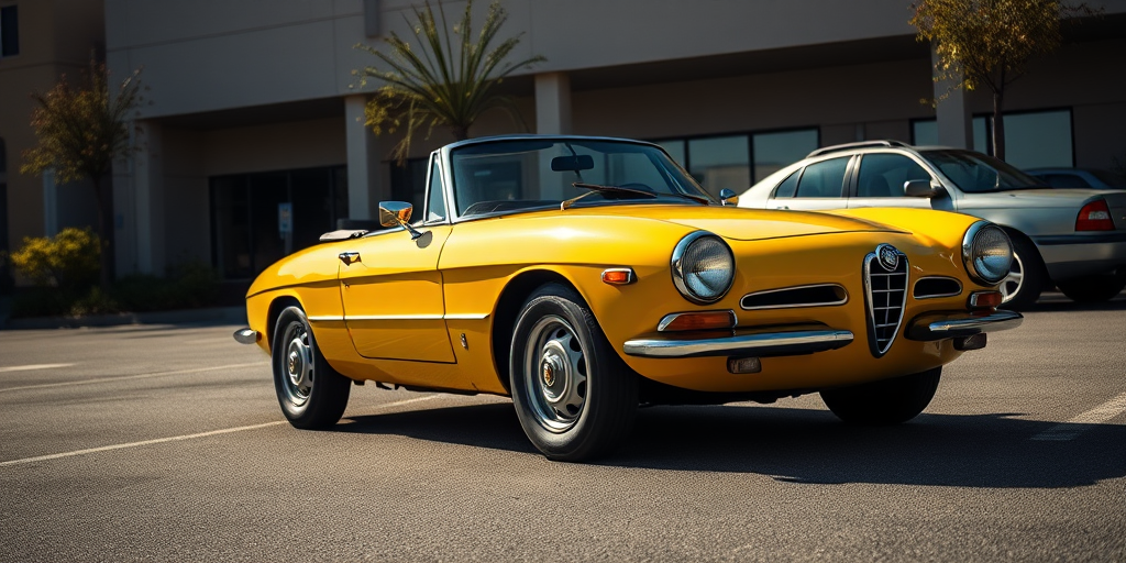 Photograph a vintage yellow Alfa Romeo Spider parked in a lot, using a Canon EOS R5 with a 24-70mm lens at f/8, ISO 100, 1/250 sec, capturing a low-angle view for dramatic effect, in natural light for enhanced color saturation and clarity.