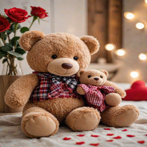 Teddy bears, plush toys, heart-shaped pillow, romantic setup, wooden surface, bokeh background, artificial flowers, red rose, polka dot dress, plaid shirt, indoor setting, love concept, Valentine's Day theme, soft focus, vibrant colors, shallow depth of field, gift idea, cute, affection, couple, toy photography.
