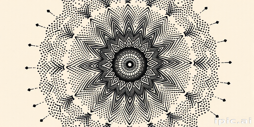 Dotwork mandala tattoo called "Cosmic Symmetry" featuring intricate patterns radiating from a central point with gradual shading created by thousands of precisely placed dots forming a mesmerizing circular design