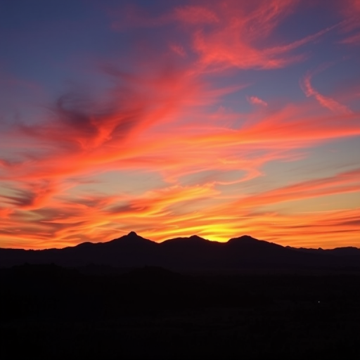 Create a vibrant sunset landscape with silhouetted mountains in the background, captured with a DSLR camera at f/8 aperture, ISO 100, 1/200 sec shutter speed, wide-angle lens, and an HDR photography style.