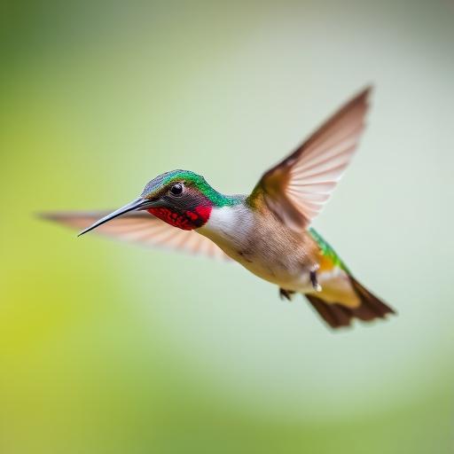 A clear close-up of a vibrant hummingbird in mid-flight, focusing on its colorful feathers and wings, with a shallow depth of field to create a blurred background; camera settings: ISO 800, f/2.8, 1/1000 sec; camera view: eye level; camera style: macro photography; camera type: DSLR.