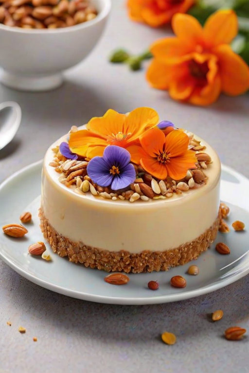 Create an image of a smooth, round dessert with a glossy orange surface, adorned with colorful edible flowers and finely chopped nuts scattered on top. The background should be simple and elegant, emphasizing the dessert's vibrant colors and textures.