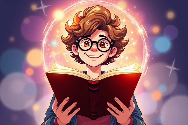 Create a vibrant illustration of a smiling young man with curly hair and glasses, holding an open book with a glowing aura around him, inspired by whimsical and magical themes, using a Canon EOS R5 with an 85mm lens, aperture f/1.8, ISO 100, and a soft focus background for depth.