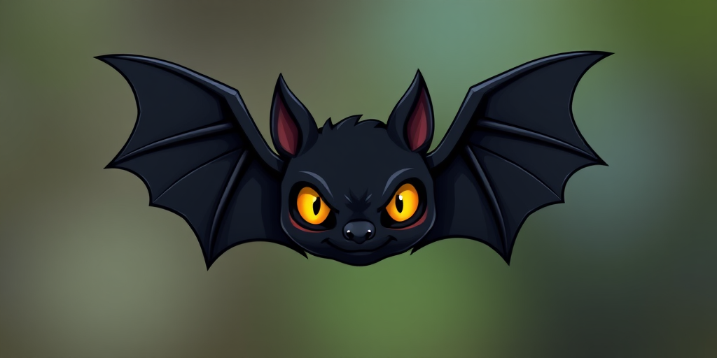 design a stylized black bat with bright yellow eyes, high-resolution digital art, 24mm lens, f/2.8 aperture, shallow depth of field, soft lighting, vector illustration style, 300 dpi resolution