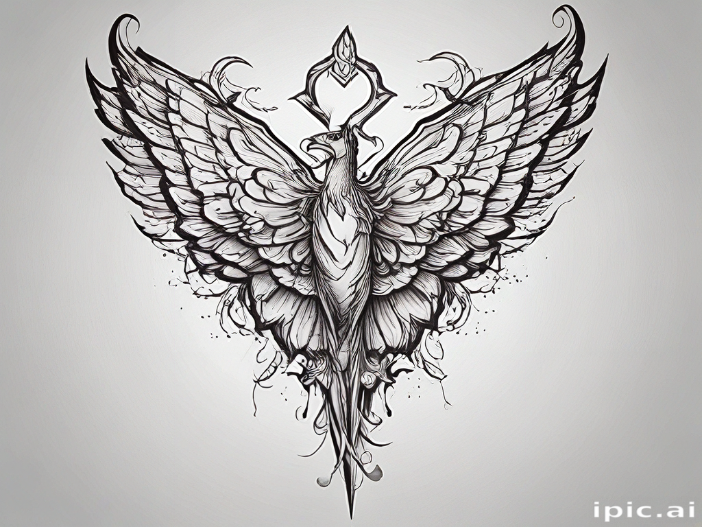 Intricate Black and White Illustration of a Majestic Phoenix Rising