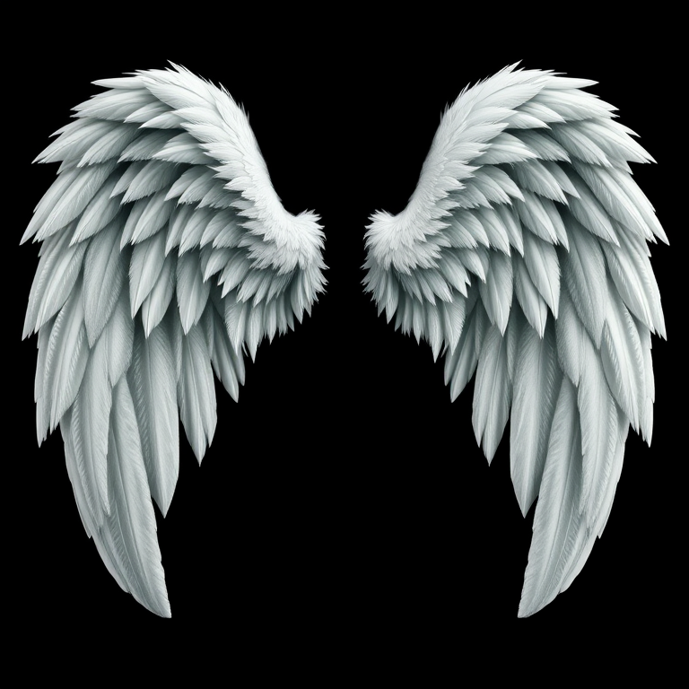 Create a high-resolution digital illustration of stylized angel wings on a black background, using a Canon EOS 5D Mark IV with a 50mm f/1.8 lens, aperture set to f/2.8, ISO 100, and a soft focus effect for enhanced detail and contrast.