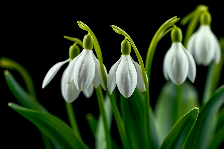Create a vibrant illustration of snowdrop flowers with a black background, using a macro lens to capture fine details, f-stop of f/2.8 for a shallow depth of field, ISO 100 for minimal noise, and a lighting setup that highlights the green leaves and white petals, using a digital camera to enhance clarity and color saturation.