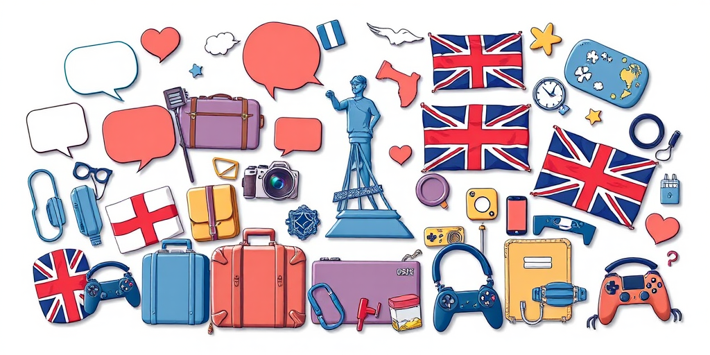Create a high-resolution vector illustration featuring various symbols related to the UK, such as speech bubbles, flags, suitcases, headphones, and gaming controllers, arranged dynamically, captured with a DSLR camera at f/8 aperture, ISO 100, and a 50mm lens, using a flat lay perspective for a clean and detailed view.