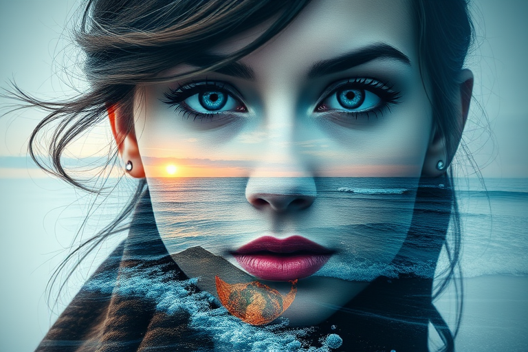 create Book cover, A surreal double exposure portrait that blends a woman's face with a beautiful seascape. The overall mood is dreamy and mystical, with rich colors and intricate details