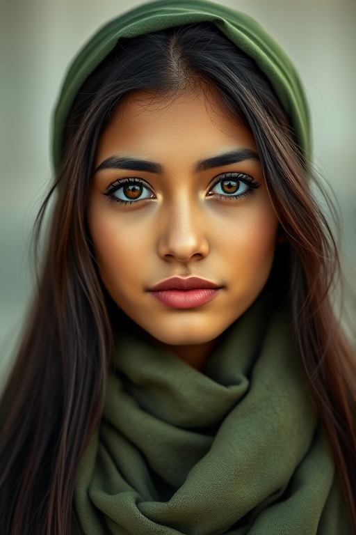 Create a portrait of a young Latino woman with long, dark hair and captivating hazel eyes. She is wearing a green headscarf and a matching scarf draped gracefully around her neck. The background is softly blurred, focusing attention on her serene and natural expression. The overall color palette is muted and warm, enhancing the intimate and authentic feel of the portrait.