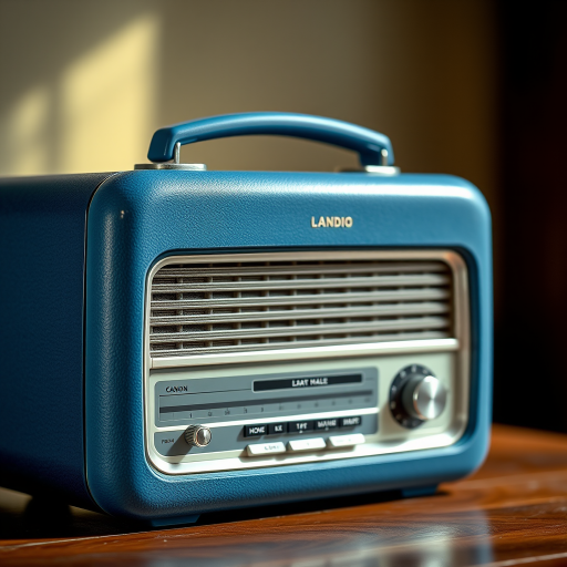 Create a high-resolution image of a vintage radio with a blue textured body and white control panel, captured in front view with a Canon EOS 5D Mark IV, 50mm lens at f/2.8, ISO 100, natural lighting for enhanced clarity and detail.