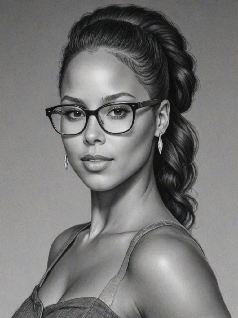 Lovely Alicia Keys, pencil sketch, portrait of Alluring woman 1964s in glasses, hair style beatnik, outline, clear lines, fine lines, 8k