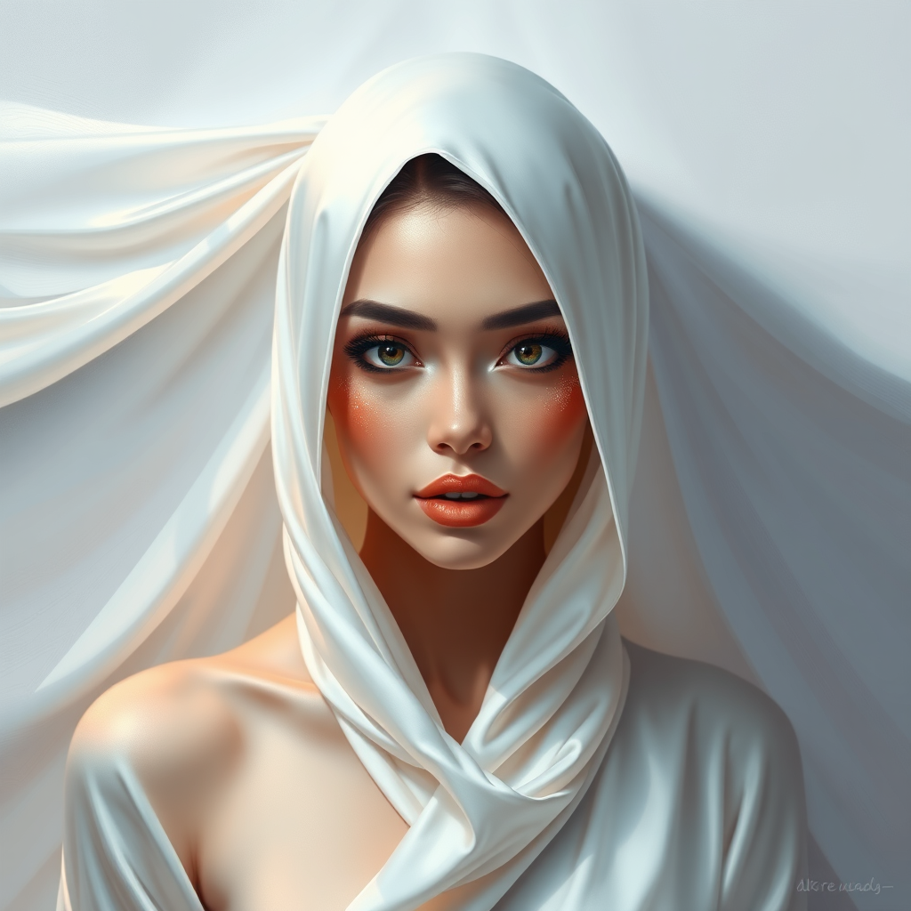 digital painting,  digital illustration,  stunning girl, make up , white silk dress extreme detail,  digital art,  4k,  ultra hd