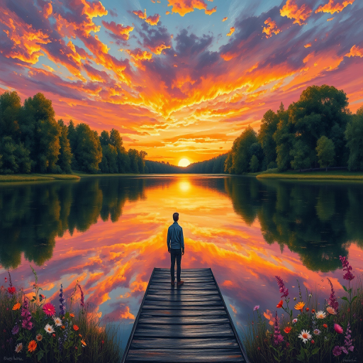 A breathtaking impressionist-realism masterpiece of a serene lake with a vibrant sunset. The sky is painted in hues of orange,pink, and purple, reflecting on the water's surface. In the foreground, a solitary figure stands on a wooden dock, gazing at the horizon. Surrounding the lake are lush green trees and wildflowers in full bloom. The overall composition evokes a sense of tranquility and wonder, with intricate details in the foliage and the figure's expression
