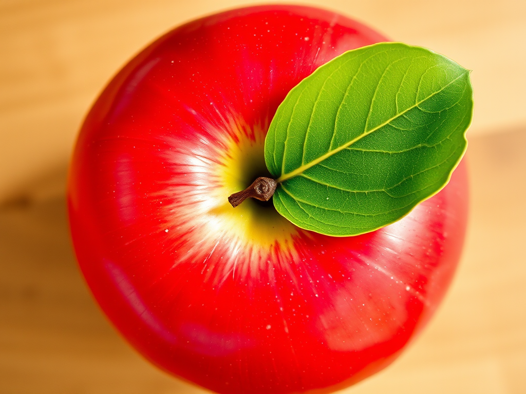Create a high-resolution image of a bright red apple with a green leaf on top, using a DSLR camera with a 50mm lens, aperture set to f/2.8, ISO 100, and a shallow depth of field for a soft background blur, top-down view in natural light.