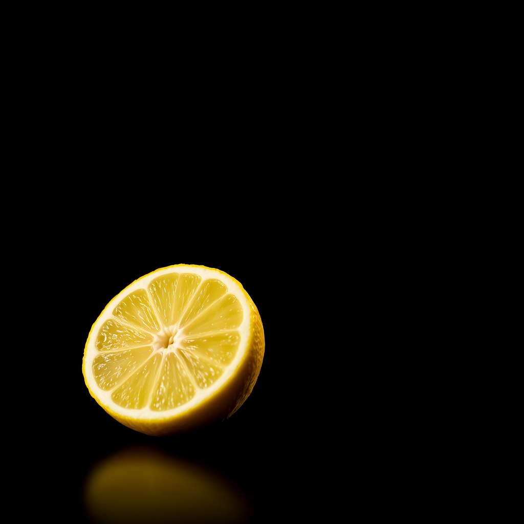 lemon on a black background, macro view, natural lighting, DSLR camera, f/2.8 aperture, 50mm lens, 1/125s shutter speed, enhance color contrast and sharpness
