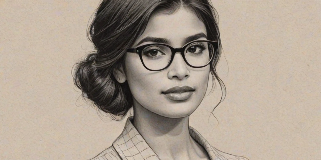 Magnificent Diane Guerrero, pencil sketch, portrait of Gorgeous woman 1928s in glasses, hair style beatnik, outline, clear lines, fine lines, 8k