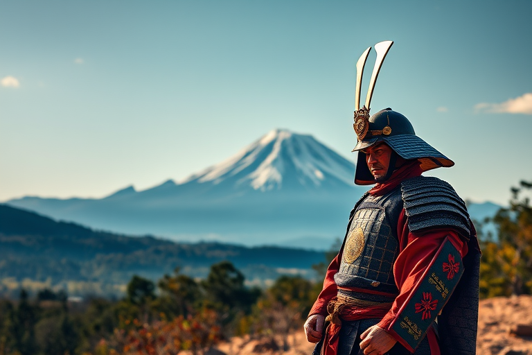 Create an image of a samurai standing in a landscape with a mountain in the background, using a 50mm lens, f/2.8 aperture, 1/250 sec shutter speed, shooting from eye level in a high-resolution digital format, emphasizing vibrant colors and sharp details.