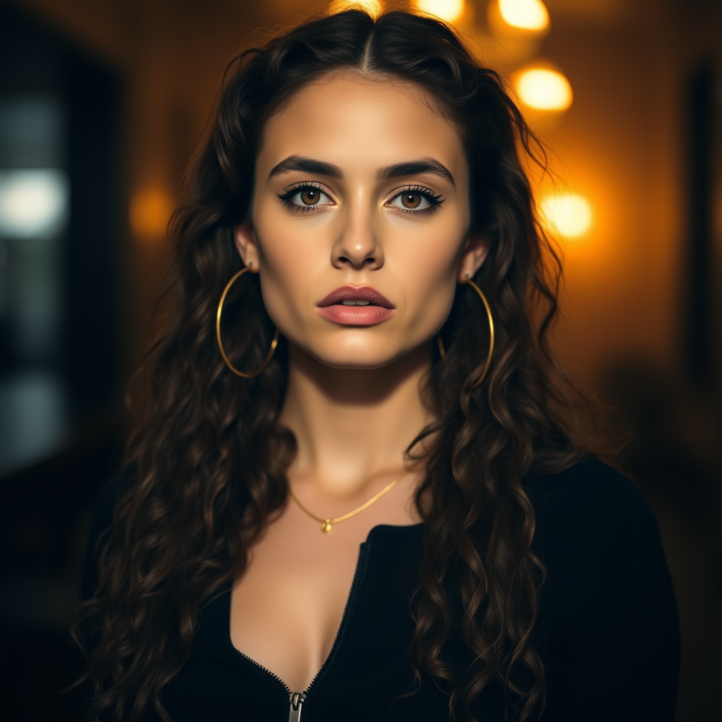 A young woman with long, curly brown hair is looking directly at the viewer. She is wearing a black top with a zipper down the front. The setting is a dimly lit interior space, with a warm, golden light emanating from the background. Her expression is neutral, with a hint of seriousness. The image is a close-up portrait with a shallow depth of field, focusing on the woman's face and torso. The background is blurred, creating a soft and intimate atmosphere.  She is wearing large gold hoop earrings, and a small gold chain is visible around her neck.  Her makeup is natural and simple, highlighting her brown eyes. The lighting creates subtle shadows that accentuate her features.  Her skin is smooth and glows in the soft light. The composition is balanced, with the woman's face positioned in the center of the frame.  The image is focused on capturing her beauty and confidence.