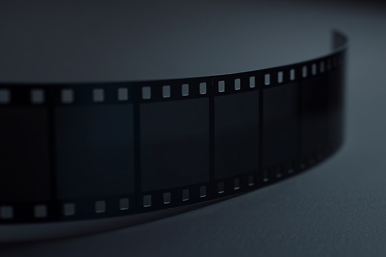 Create a high-resolution image of a curved film strip with five empty frames, captured with a DSLR camera at f/2.8 aperture, ISO 100, 50mm lens, side view, in a soft-focus cinematic style.