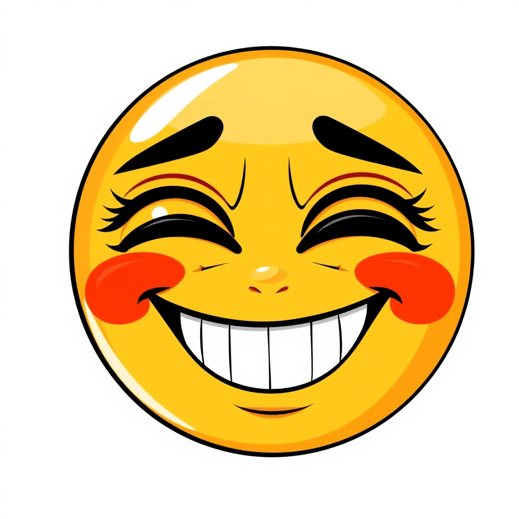 Create a digital illustration of a yellow emoji with a wide grin and half-closed, bloodshot eyes. The design should be bold and expressive, capturing a sense of tired amusement or mischief. The background should be transparent to highlight the emoji's features.