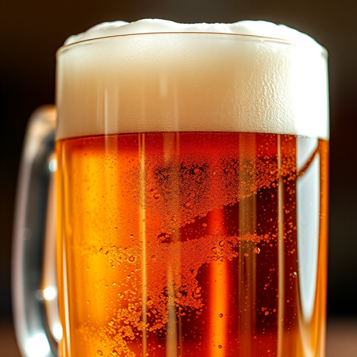 Create a high-resolution digital illustration of a frothy beer mug, focusing on the golden amber color and creamy foam, shot with a DSLR in macro mode at f/2.8, with a 50mm lens, using natural light to enhance reflections and details in the glass.