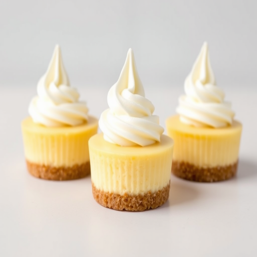 Create an image of three mini cheesecakes with a smooth yellow filling and a swirl of whipped cream on top each placed on a light gray background. The cheesecakes should have a crumbly graham cracker crust at the bottom, and the whipped cream should be elegantly piped in a tall swirl. The overall appearance should be fresh, inviting, and appetizing.