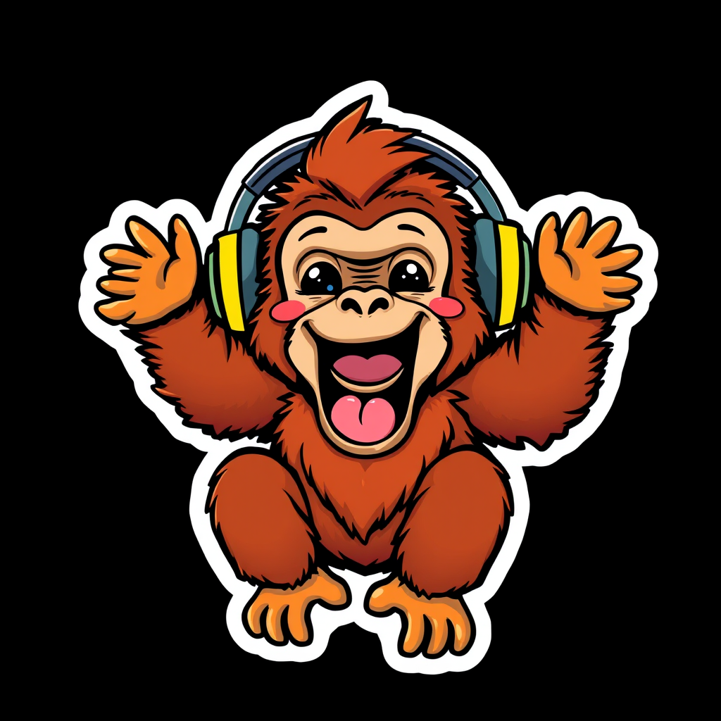 this picture is sticker, Happy Colorful Orangutan wearing Headphones, kawaii, contour, vector, black background
