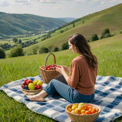 Lush green hills rolling into the distance, a woman sitting on a blanket enjoying a picnic with a panoramic view of the countryside, her basket full of fruit and cheese.