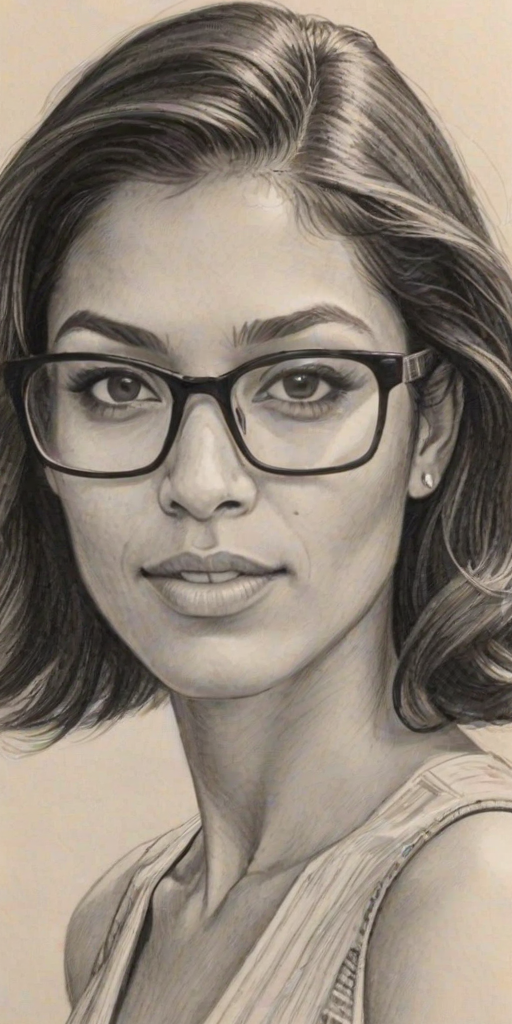 Fascinating Janina Gavankar, pencil sketch, portrait of Resplendent woman 1961s in glasses, hair style beatnik, outline, clear lines, fine lines, 8k