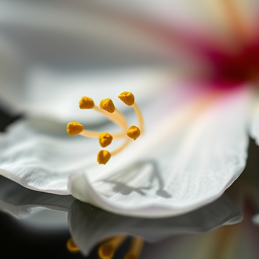 capture a close-up of a delicate flower petal with yellow stamens resting on a dark reflective surface, soft focus with shallow depth of field, natural lighting, macro lens, f/2.8 aperture, ISO 100, shutter speed 1/200s
