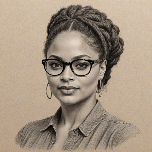 Enchanting Ava DuVernay, pencil sketch, portrait of Wonderful woman 1948s in glasses, hair style beatnik, outline, clear lines, fine lines, 8k