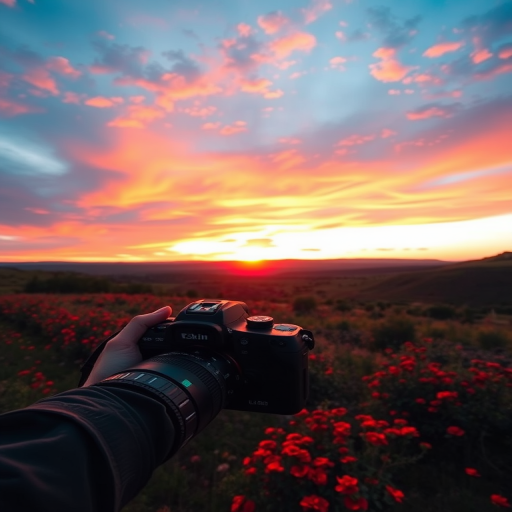 Create a vibrant landscape scene at sunset with a wide-angle view using a DSLR camera, aperture f/8, shutter speed 1/250s, ISO 100, and a focal length of 24mm to capture rich colors and details.
