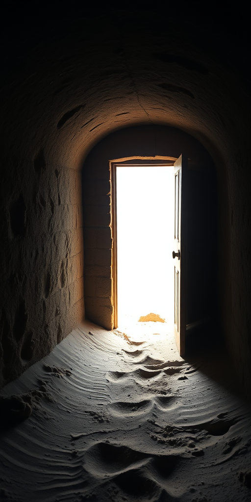 A dimly lit underground bunker interior with a half-open door, soft light illuminating the sandy floor, Nikon D850, 35mm lens, f/4, ISO 400, low-angle shot, dramatic shadows for enhanced depth.