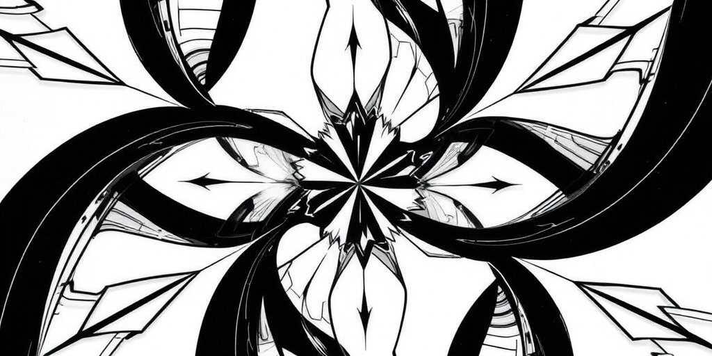 Create an abstract black and white design with intricate geometric patterns, using a 50mm lens, f/1.8 aperture, 1/125 sec shutter speed, and ISO 100, captured from a top-down view to enhance depth and detail, photograph style, DSLR camera type.