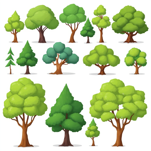 regenerate a set of cartoon-style trees with various shapes and shades of green against a simple white background