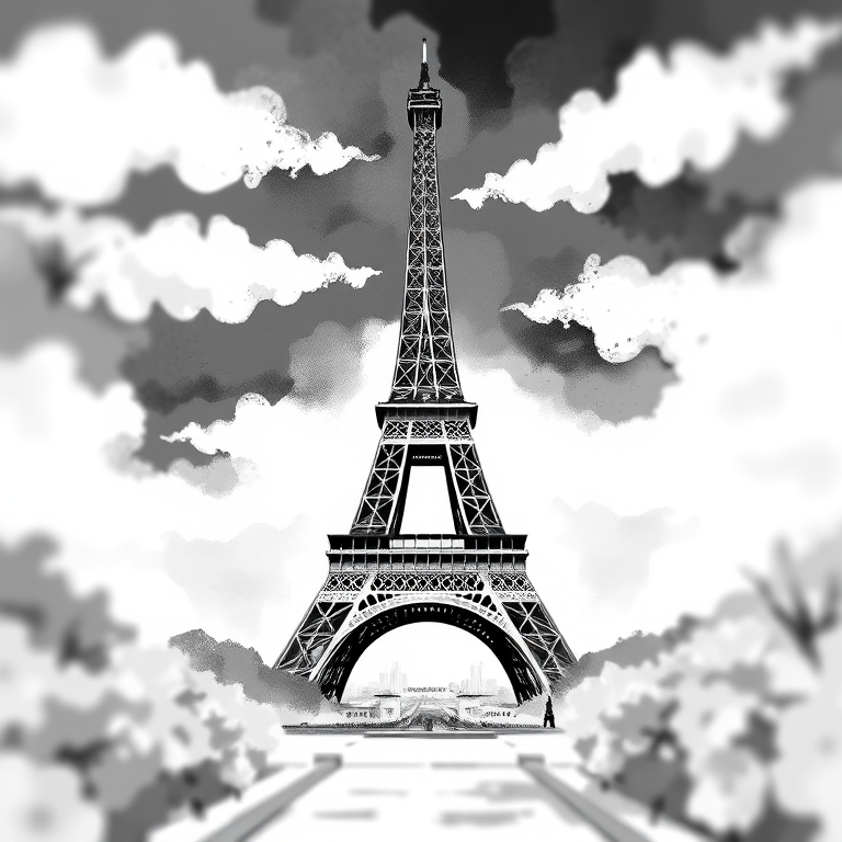 Eiffel Tower illustration in black and white with abstract elements, soft focus, 50mm lens, f/2.8 aperture, ISO 100, overcast lighting, high-resolution digital art style.