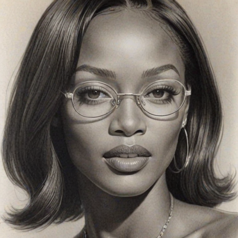 Magnificent Naomi Campbell, pencil sketch, portrait of Fascinating woman 1938s in glasses, hair style beatnik, outline, clear lines, fine lines, 8k