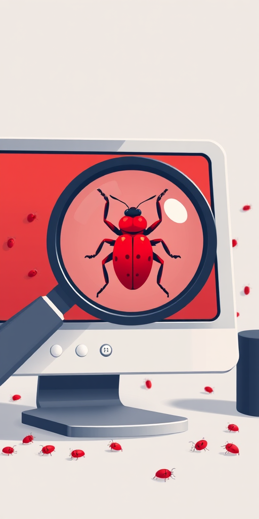 Create a digital illustration of a computer screen displaying a stylized red bug under a magnifying glass, with smaller red bugs scattered in the background, using a 50mm lens, f/2.8 aperture, soft lighting, and a clean, modern vector art style.