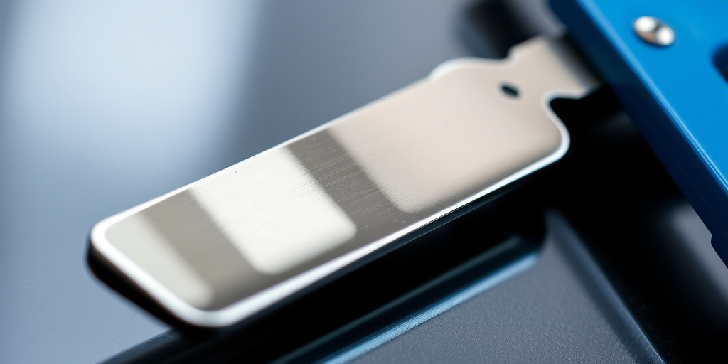 Create a high-resolution image of a straight razor with a shiny silver blade and a vibrant blue handle, using a macro lens, aperture set to f/2.8 for shallow depth of field, 50mm focal length, and soft natural lighting to emphasize details and reflections.