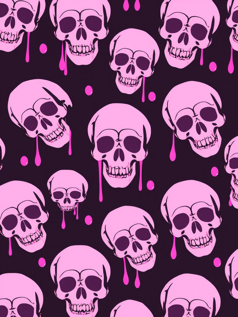 Create a seamless repeating pattern of stylized skulls with dripping effects in shades of pink and purple on a dark background, shot with a DSLR camera at f/8 aperture, ISO 200, 50mm lens, top-down view, flat lay style.