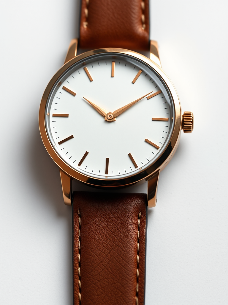 high-resolution image of a simple round watch with a white face and brown leather strap, top-down view, using a DSLR camera with a 50mm lens, aperture set to f/2.8, ISO 100, soft diffused lighting for a clean aesthetic