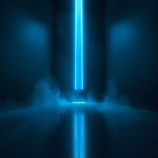 Create a futuristic scene of a glowing blue beam of light emanating from a dark void, with a sleek, reflective floor and mist surrounding the beam, captured with a DSLR camera at f/2.8, ISO 200, 1/60 sec, in landscape orientation, using a wide-angle lens for depth.