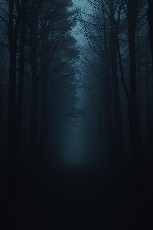 dark forest pathway with silhouetted trees, misty atmosphere, soft focus, wide angle view, 50mm lens, f/2.8 aperture, ISO 100, low light conditions, DSLR camera, high dynamic range, natural colors, moody lighting