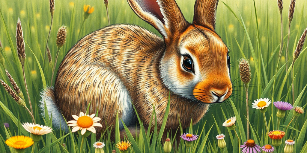A detailed illustration of a sitting rabbit with realistic fur texture, lush green grass and wildflowers in the foreground, capturing intricate details and vibrant colors, photographed with a DSLR camera at f/2.8 aperture, 50mm lens, natural lighting, in macro view for enhanced image quality.