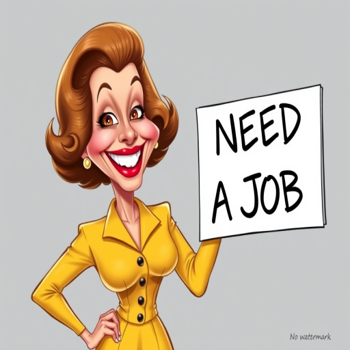 caricature of a smiling Rita Hayworth in a Yellow dress or suit, holding up a sign that says "NEED A JOB", no watermark,