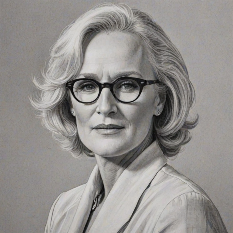 Resplendent Glenn Close, pencil sketch, portrait of Fetching woman 1975s in glasses, hair style beatnik, outline, clear lines, fine lines, 8k