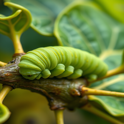 A highly detailed close-up of a green caterpillar resting on a fig tree branch with leaves in the background, taken with a macro lens at f/2.8, ISO 200, 1/250 sec, natural lighting, DSLR camera, shallow depth of field to enhance focus on the caterpillar and surrounding foliage.